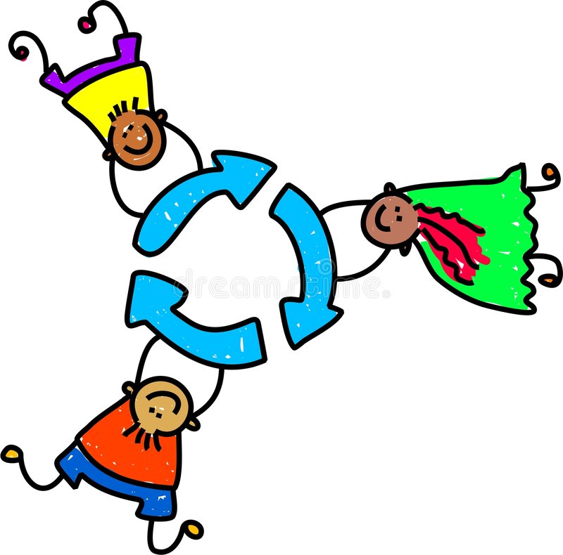 Kids holding recycle symbol.